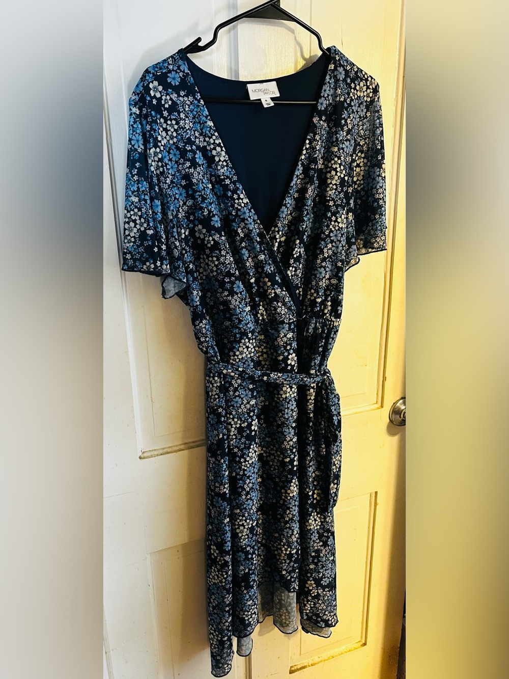 Morgan Taylor Navy Floral Wrap Midi Dress Short Sleeve Flutter High Low XL Boho - Picture 12 of 13